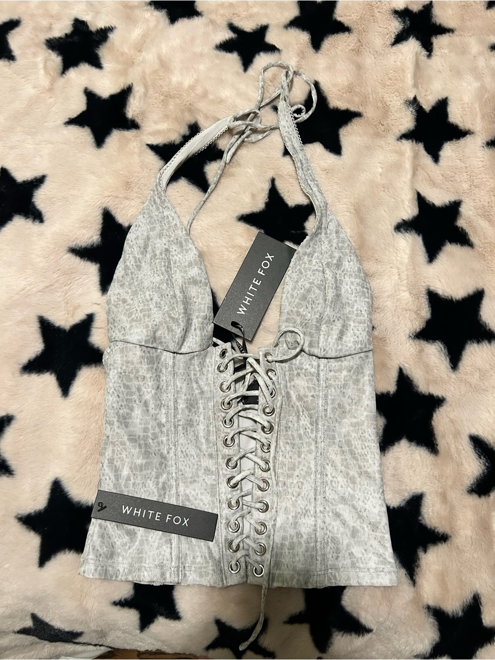 White Fox Grey Lace-Up Halter Crop Top